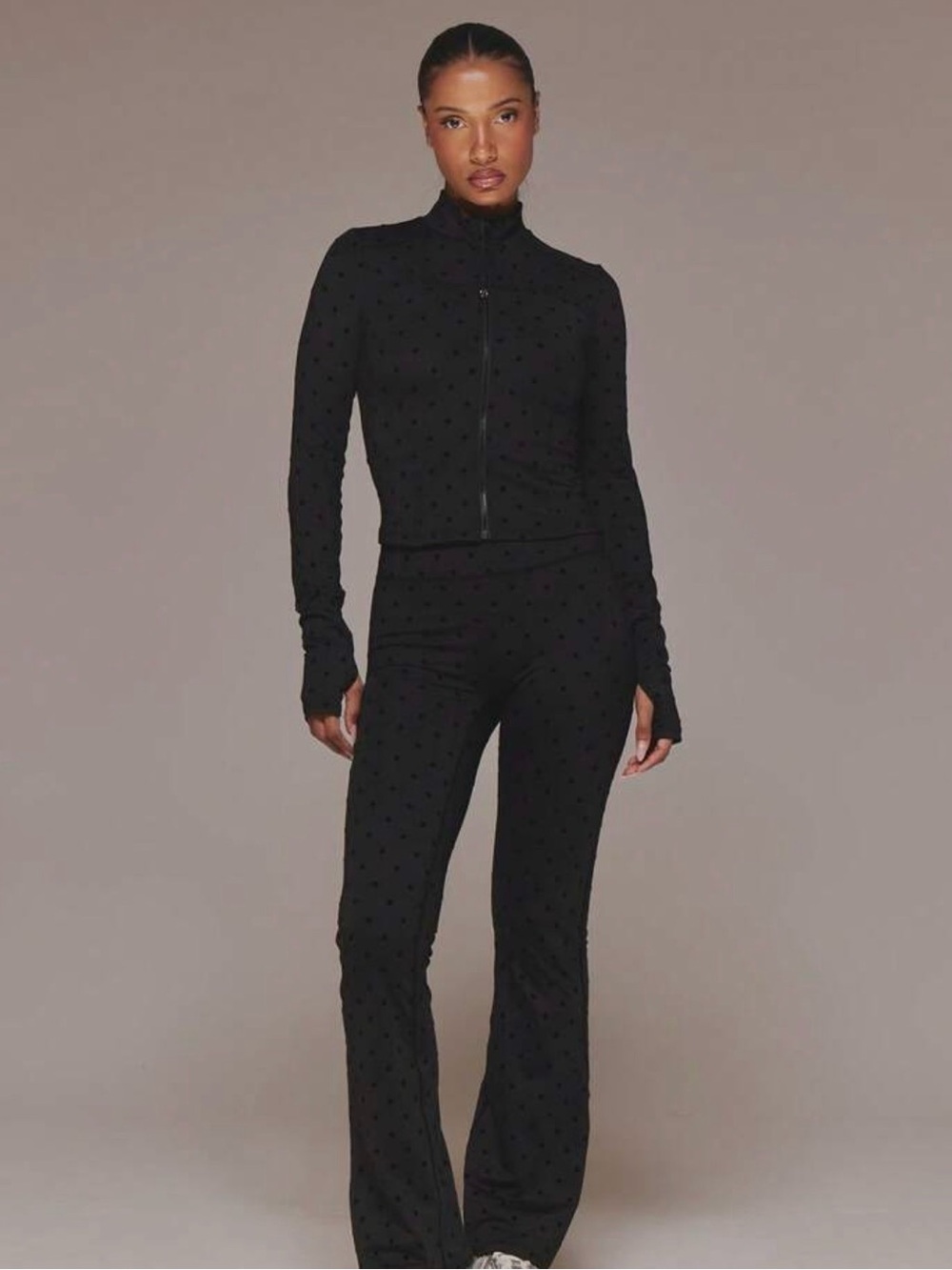 Women's Black Velour Polka dot High-Rise Flare Leggings and Jacket set